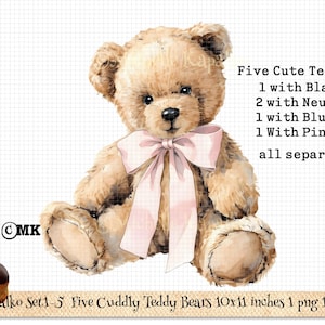 Puede incluir: Ilustración en acuarela de un oso de peluche con un lazo rosa. La imagen incluye el texto "Five Cute Teddy Bears" con diferentes colores de lazo. La imagen mide 25,4 x 27,9 cm.
