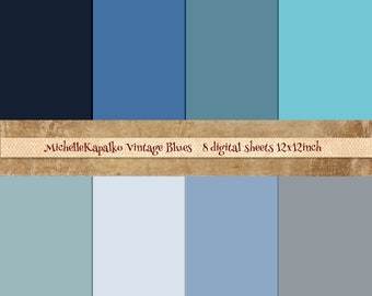 Puede incluir: Ocho hojas de papel digital en varios tonos de azul, cada una mide 30,5x30,5 cm. Las hojas están etiquetadas "MichelleKapalko Vintage Blues 8 digital sheets 12x12inch".