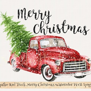 Download Vintage Roter LKW Frohe Weihnachten Sublimationsdesign Digitales Papier Clipart png DIY Crafting Card Label Boho T-Shirt Kunst Transfer