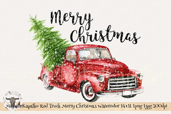 Watercolor Vintage Classic Red Truck With Christmas Trees T-Shirt Watercolor Vintage Classic Red Truck With Christmas Trees T-Shirt
