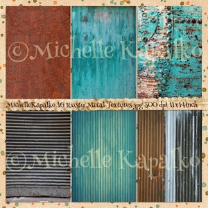 May include: A digital collage of 16 rusty metal textures in various shades of blue, green, brown, and gray. The textures are arranged in a grid pattern and include corrugated metal, weathered metal, and rusted metal.
