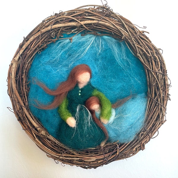 Mère et fille - Peinture en laine 3D inspirée de Waldorf et feutrée à la main.