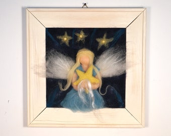 Guardian of the Night Fairy - Waldorf inspired, hand felted wool painting. kid's room natural wall art.