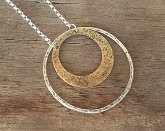 Statement necklace Sterling Silver & Brass necklace Long necklace Circle pendant necklace Mixed metal necklace Hammered brass birthday gift