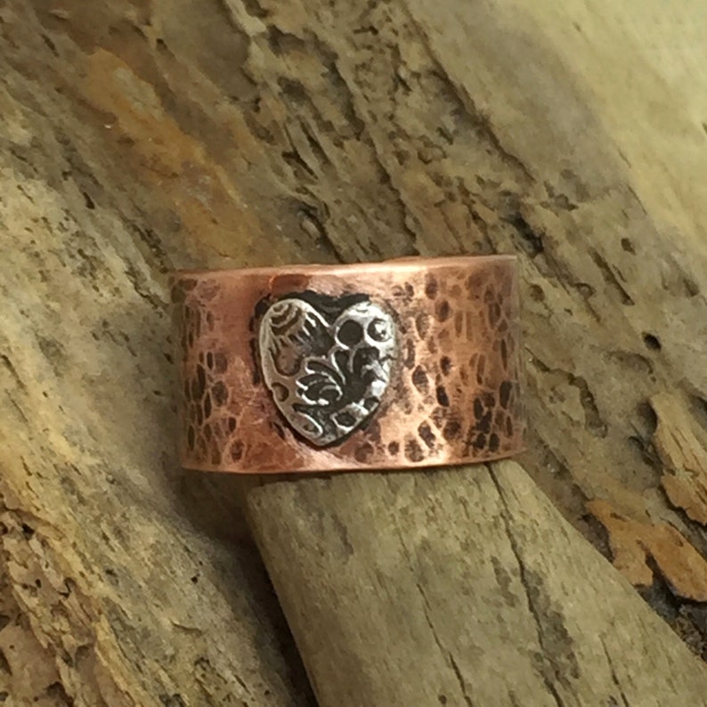 Copper ring Adjustable ring Silver heart ring Rings for women Thumb ring Hammered ring Birthday gift for her Boho ring Statement ring