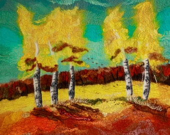 felted tapestry, wall hanging, fiber art, mixed media textile, wool and silk art, home décor, autumn, birch tress. trees in autumn