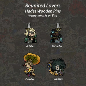Reunited Lovers Wooden Pins - Achilles, Patroclus, Orpheus, Eurydice - Hades Video Game Fan Merch Unofficial