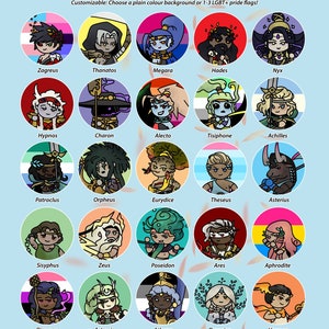 Hades Chibi Badges - Zagreus Megaera Thanatos Nyx Hypnos Charon Chaos Eurydice Asterius Theseus Achilles, Video Game Unofficial, LGBT