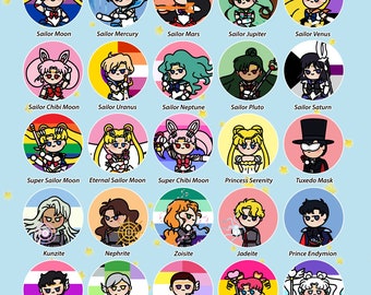 Sailor Moon Chibi Badges - Mercury, Mars, Jupiter, Venus, Chibiusa, Uranus, Neptune, Pluto, Saturn, Tuxedo Mask, Kunzite, Zoisite, LGBT