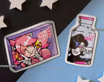 Deltarune Undertale 'Mew Mew Estrogen' & 'MTT Testosterone' Pixel Stickers - Pink, Mettaton, Mad Dummy, Transgender, Trans Fem, Trans Masc