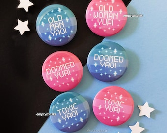 Yaoi & Yuri Button Badges - Old Man Yaoi, Old Woman Yuri, Doomed, Toxic