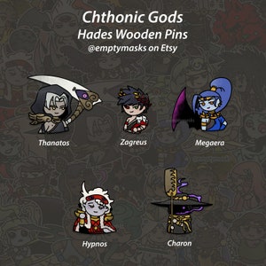 Chthonic Gods Wooden Pins - Zagreus, Thanatos, Megaera, Hypnos, Charon - Hades Video Game Fan Merch Unofficial