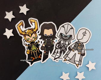 Marvel Rivals Pixel Chibi Stickers - Loki, Bucky Barnes, Winter Soldier, Marc Spector, Moon Knight, Steven Grant, Mr Knight