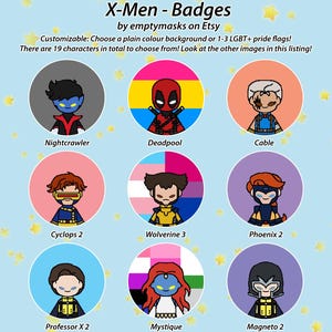 X-Men Abzeichen - Deadpool, Wolverine, 97, Cable, Zyklop, Mystique, Nightcrawler, Storm, Magneto, Xavier, Phoenix, Iceman, Morph, Gambit