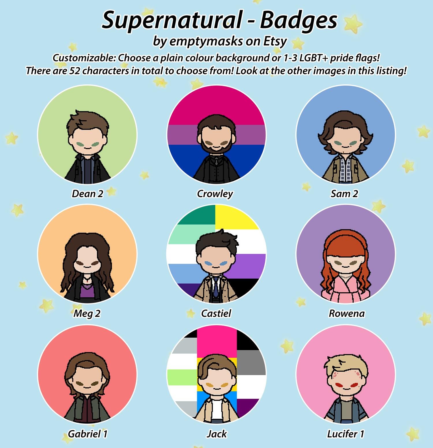 Supernatural Badges - Dean Winchester, Sam, Castiel, Jack, Gabriel, Lucifer, Michael, Adam, Meg, Ruby, Crowley, Rowena, Charlie, Chuck