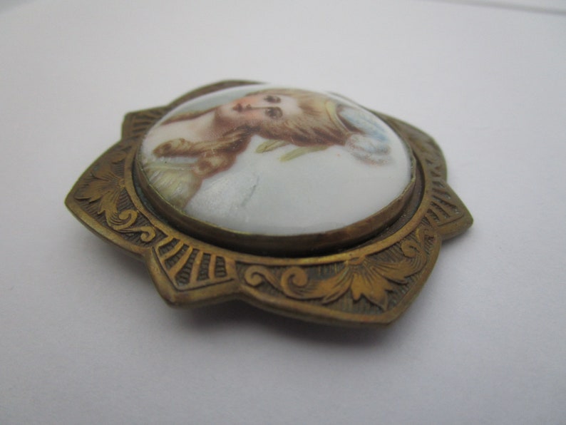 Antique Victorian Hand Painted Porcelain Brooch Beautiful Lady