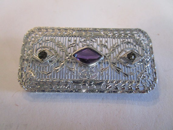 Antique Fancy Filigree Brooch with Amethyst & Qua… - image 1