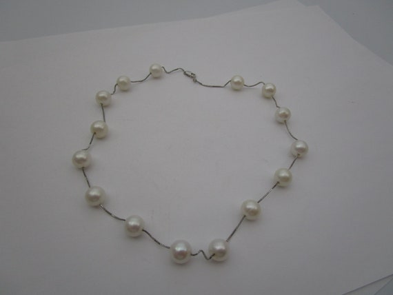 Vintage 14K White Gold & Real Pearl Beaded Neckla… - image 1