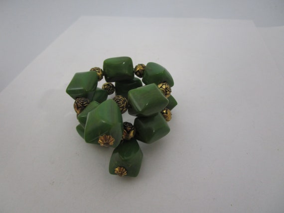 Antique Green Bakelite & Brass Rose Beaded Twisty Bracelet