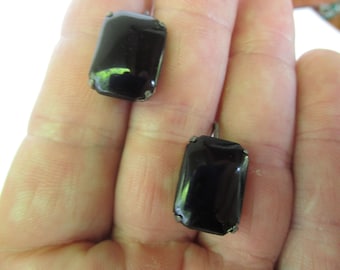 Antique Sterling Silver & Black Onyx Screw Back Earrings