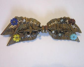 Antique Victorian Filigree Brass with Glass Flowers Large Tie Bow Brooch