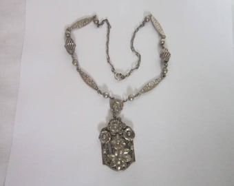 Antique Wonderful Heavy Sterling Silver Necklace Floral Motif with large floral Pendant
