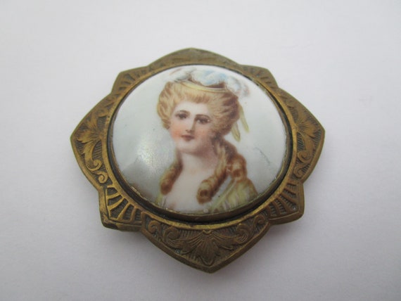 Antique Victorian Hand Painted Porcelain Brooch B… - image 1