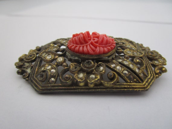 Antique Victorian Large Brooch Carved Coral & Mar… - image 2