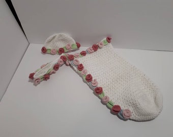 Rose embellished sleep/cuddle sack with hat and headband.