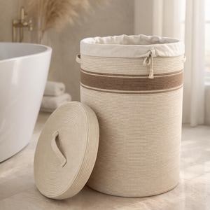 Cesta de lavandería de cuerda de algodón con tapa y forro de lino, cesta grande para la ropa, cesta tejida, cesta hecha a mano, almacenamiento para el baño