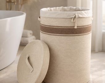 Large Cotton Rope Laundry Basket with Lid and Removable Linen Liner, Handmade in Italy, Modern Woven Laundry Hamper