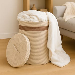 Tall Cotton Rope Laundry Basket with Lid & Washable Liner – Handmade Hamper for Bathroom, Bedroom or Nursery Storage