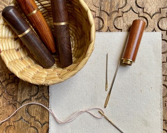 Set of 3 Darning Needles with Wooden Case - Dark Brown or Rosewood