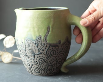 Ceramic Stoneware Pitcher Henna Pottery Wine Jug, water/milk/juice, handmade