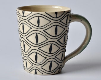 Ceramic Stoneware Cup with Snake Eyes Psychedelic Patterns, handmade - Artistic Piece