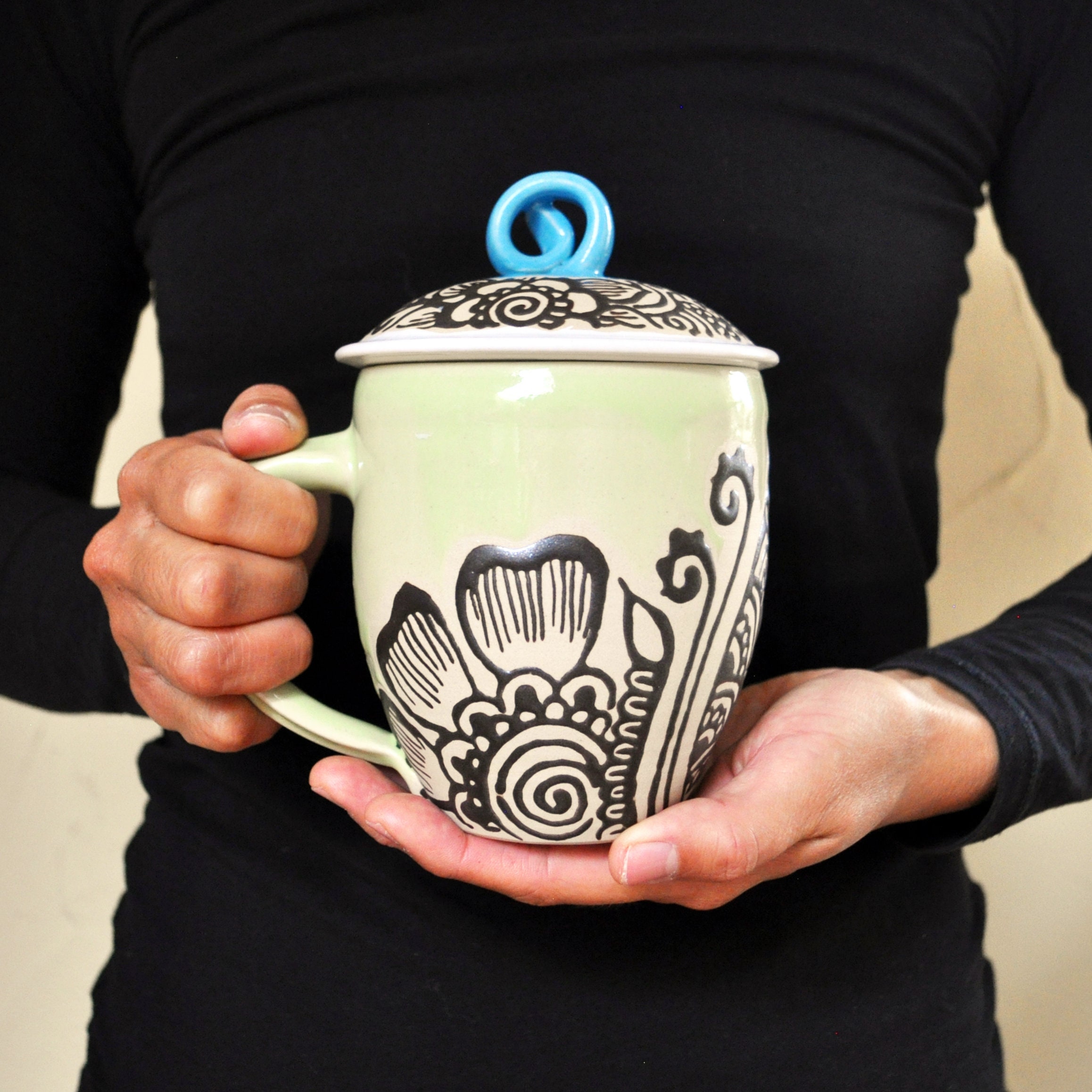 Colourful Large Ceramic Mug with Lid, handmade, Special Gift, Designer