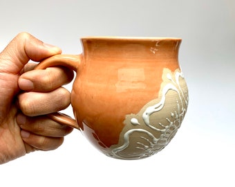 Orange Ceramic Cup with Flower Pattern, handmade, stoneware - Artistic Piece