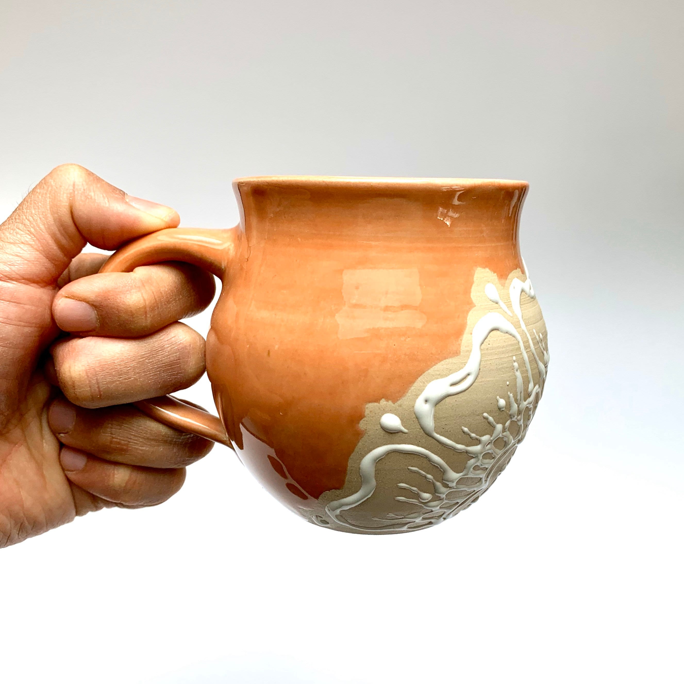 Orange Ceramic Cup With Flower Pattern, Handmade, Stoneware - Artistic ...