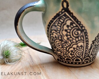 Large Stoneware Mug with Henna Mandala Patterns, handmade ceramics, colorful art mug in turquoise green colors