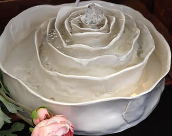 Romantic Porcelain Rose Fountain, Indoor Fountain with Light, Cat Fountain, White, slab-built handcrafted