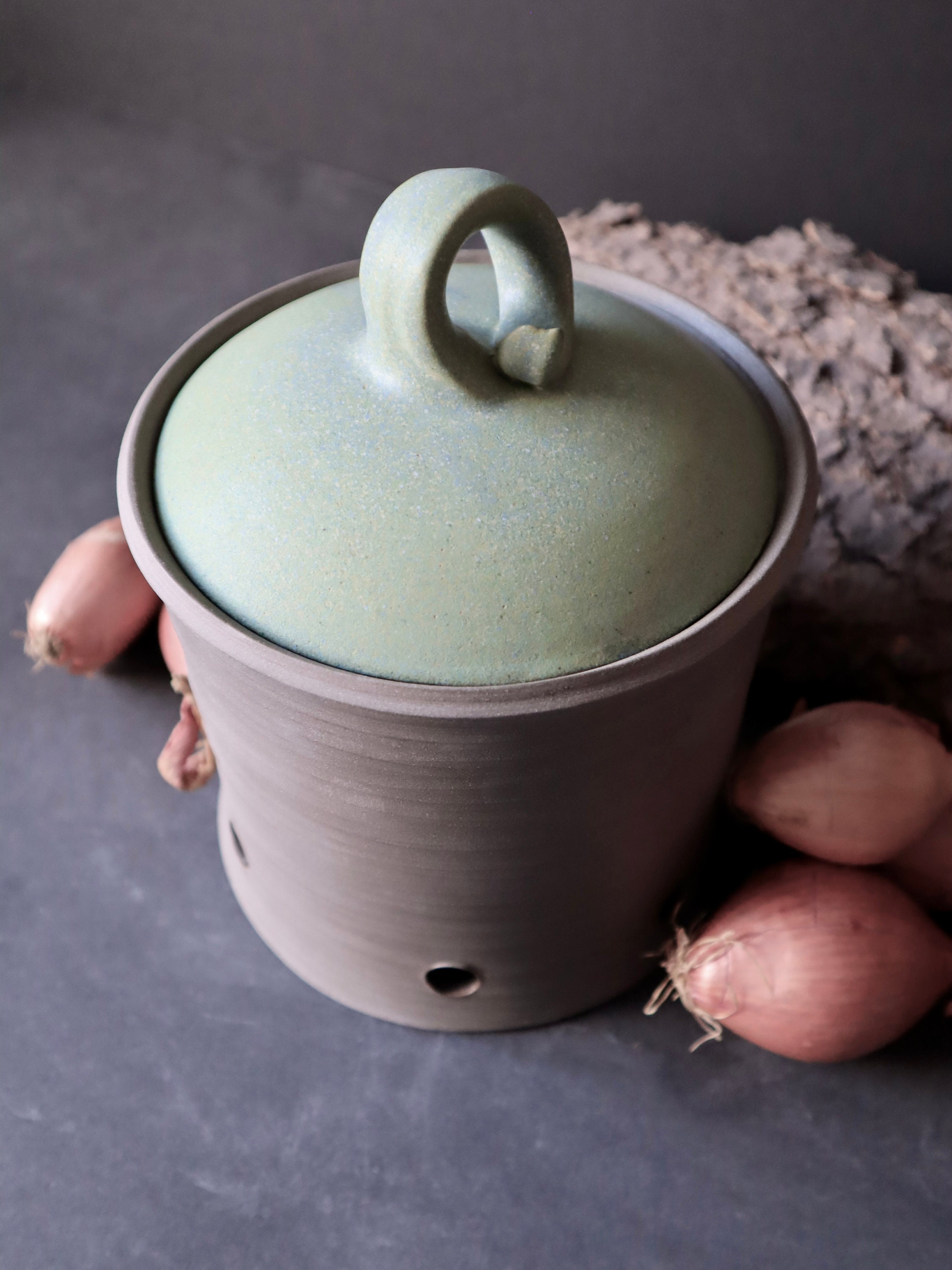 Ceramic Onion Jar, handmade/wheelthrown pottery, natural colors green