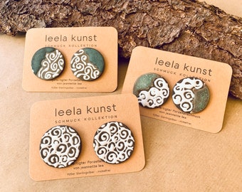 Beautiful large round Porcelain Earrings | Ceramic Ear Studs, handmade hand-drawn, with 925 Sterling silver studs