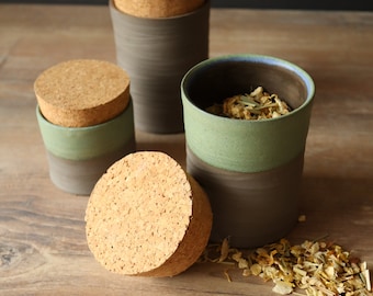 Ceramic cork jars containers, pottery jar, stoneware, forest colors