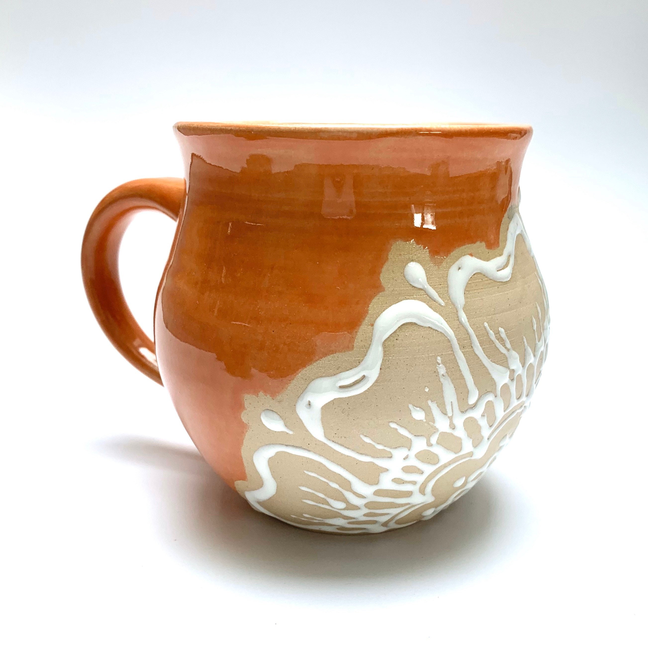 Orange Ceramic Cup With Flower Pattern, Handmade, Stoneware - Artistic ...