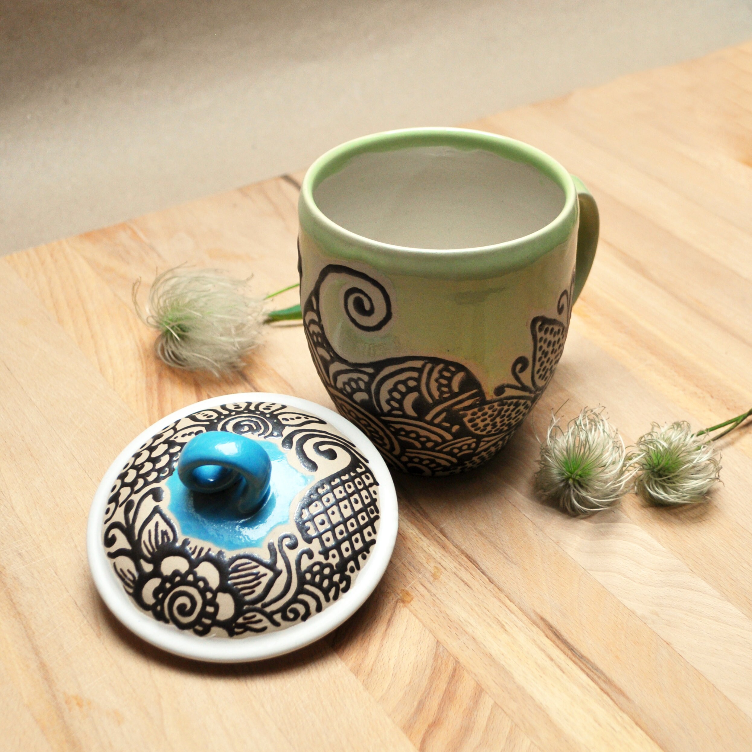 Colourful Large Ceramic Mug with Lid, handmade, Special Gift, Designer