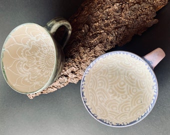 Stoneware Ceramic Cup with Beautiful Mandala Flower Pattern, handmade, Designer Piece