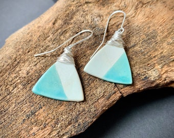 Porcelain Jewelry Dangling Earrings | turquoise white, handcrafted earrings with real silver earwires