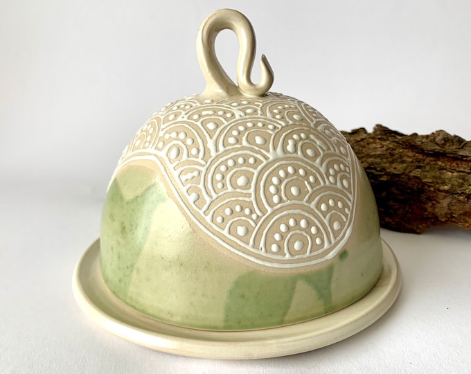 Beautiful Butter Dish Cheese Cover with hand-painted quirky playful patterns, pottery handmade, artistic and unique