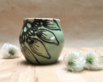 Romantic Green Stoneware Cup with Flower Pattern, handmade, Artistic Piece