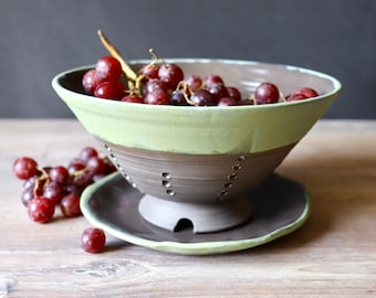 Ceramic strainer colander and plate set in forest colors, for fruit pasta tomatoes, stoneware pottery handmade
